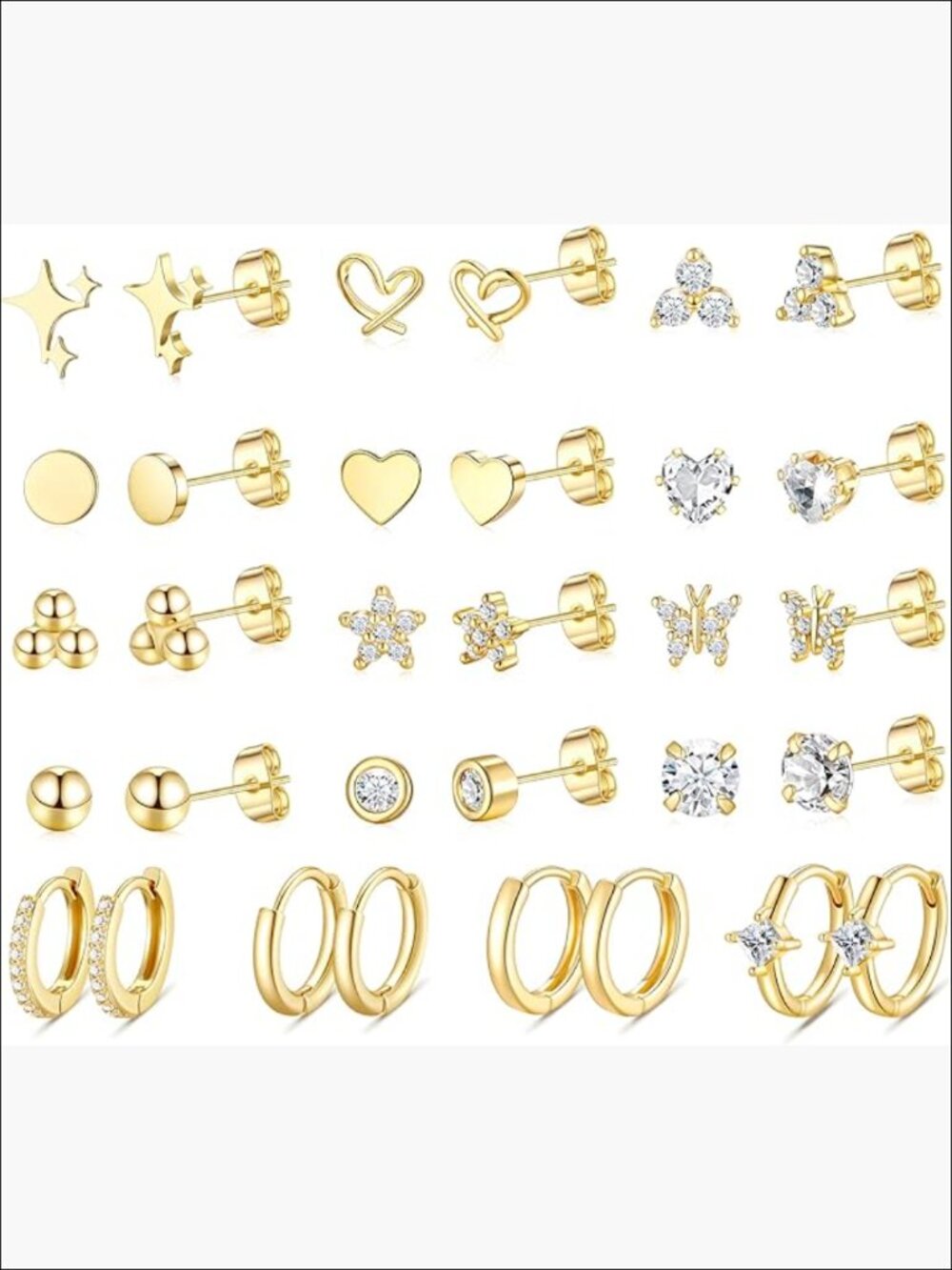 16 Pair Hoop and Stud Earring Set - 14K Gold Plated Hypoallergenic for Multiple